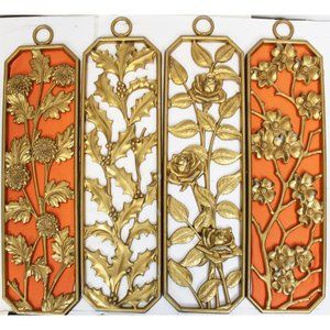 Vtg Midwest 4 Seasons Metal Set Wall Decor Plaque Metal Dogwood Rose Holly Flowe